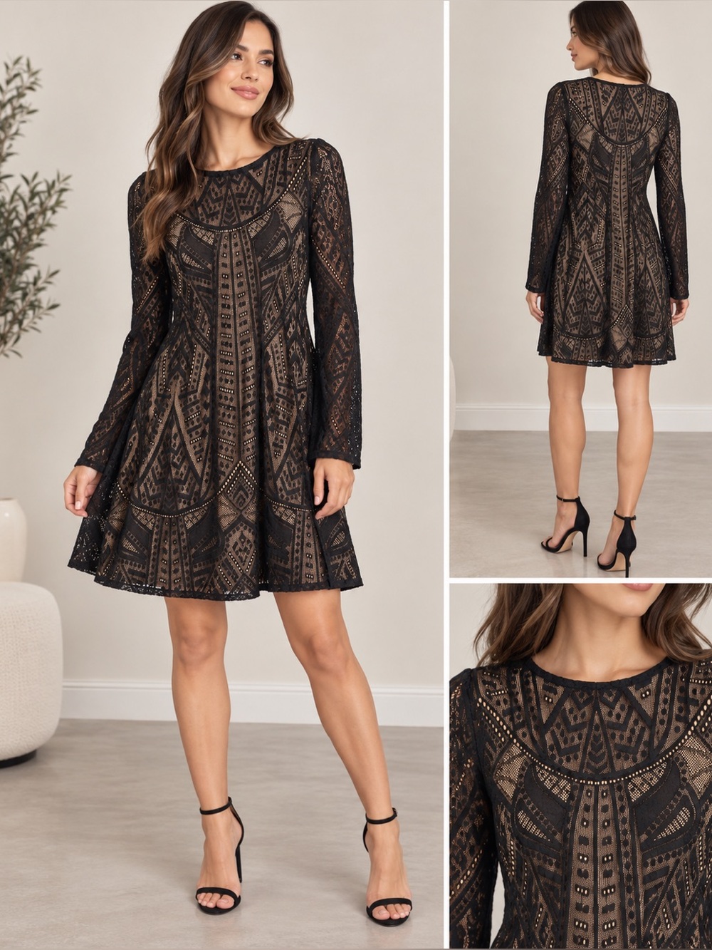 BCBGMaxAzria Black Lace Long-Sleeve A-Line Dress